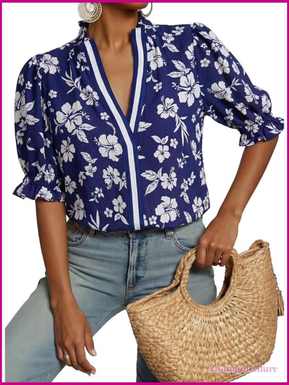 Boho Floral Ruffle Blouse V Neck Short Sleeve Casual Trendy Top